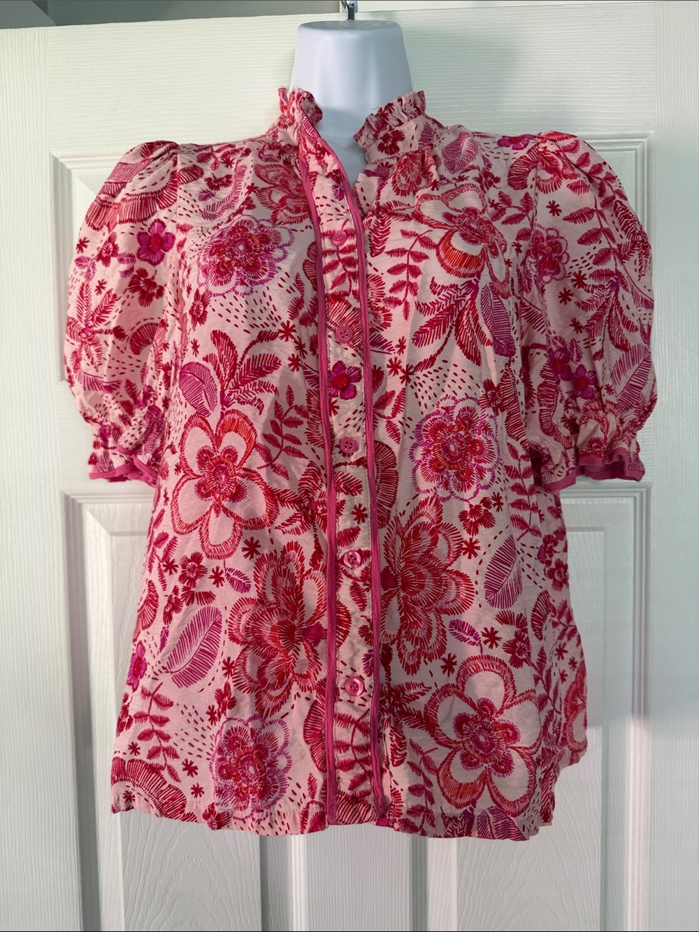 TCEC Pink & Magenta Floral Ruffle-Trim Button Front Blouse
